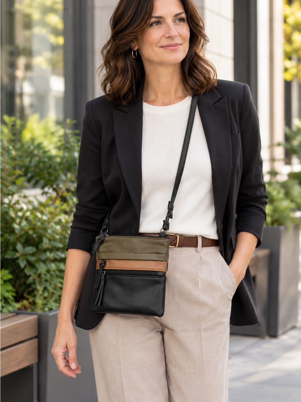 Compact Tri-Tone Crossbody Bag in Olive, Tan and Black